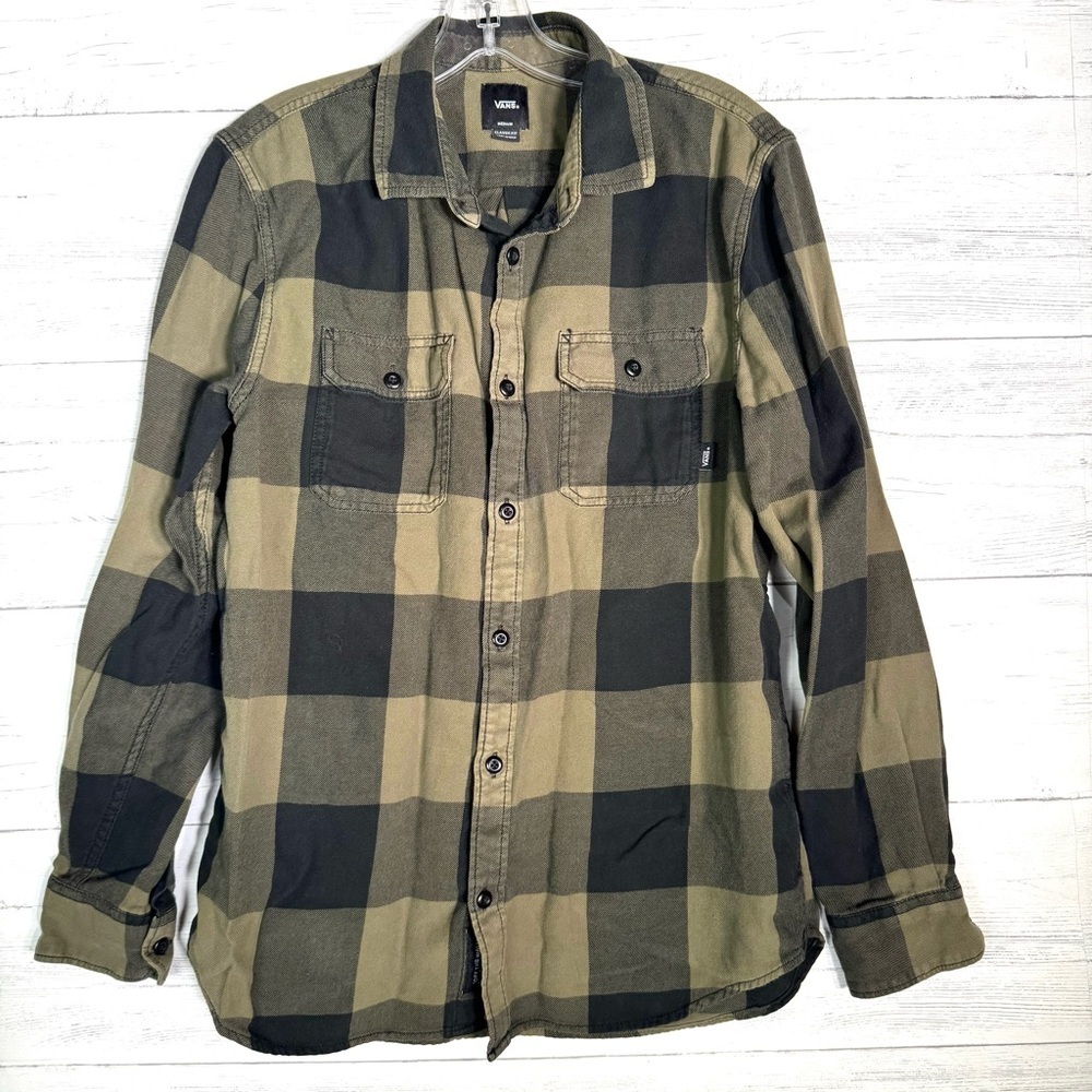 Vans Button Flannel Shirt Men’s M Black Tan Plaid  Chest Pockets Skateboarding